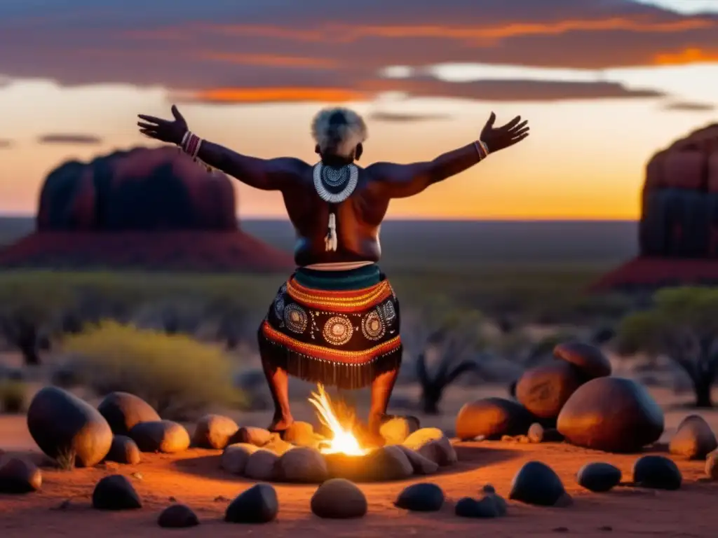 Anciano aborigen conectando con los espíritus Rituales aborígenes en la naturaleza: anciano aborigen conectando con espíritus, paisaje remoto al atardecer