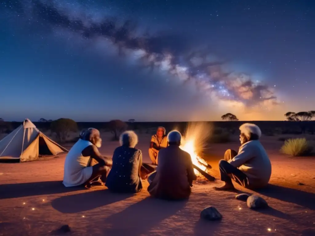 Sabios aborígenes en ceremonia junto al fuego Rituales aborígenes en la naturaleza con ancianos alrededor de la fogata, estrellas brillantes, paisaje natural y un canguro