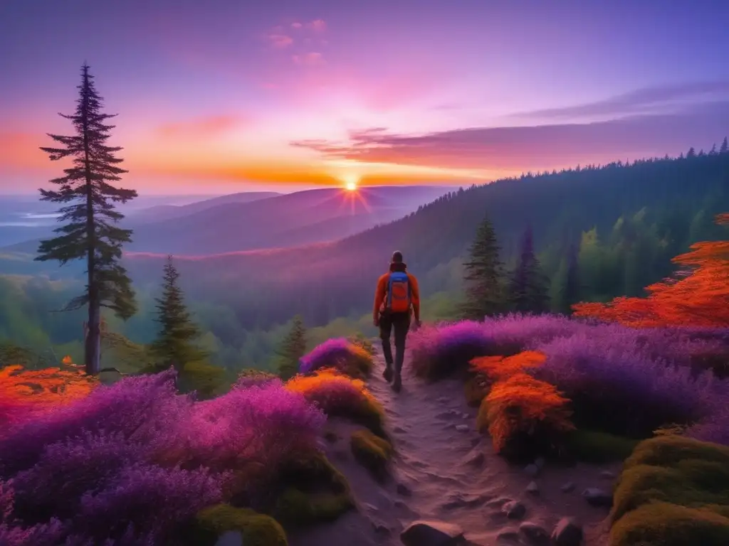 Impresionante atardecer en un bosque místico Un senderista en un bosque místico rodeado de naturaleza antigua
