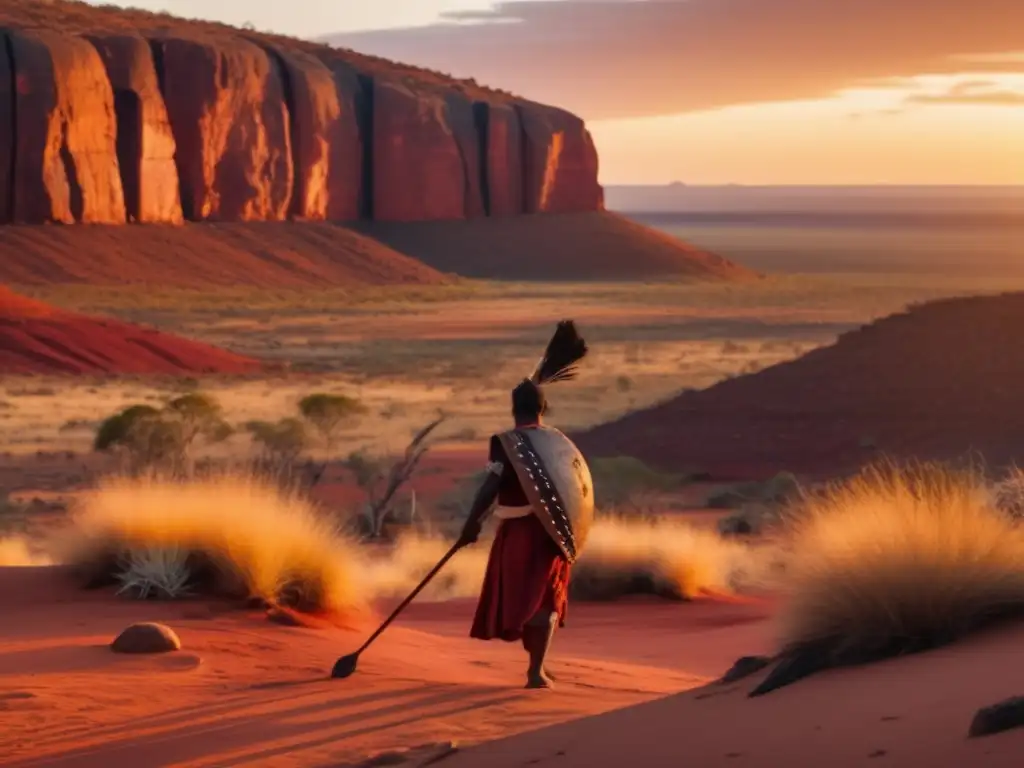 Paisaje espiritual en el Outback australiano Rituales aborígenes en la naturaleza: figura solitaria en el Outback australiano, paisaje 8k al atardecer, conexión espiritual y misterio
