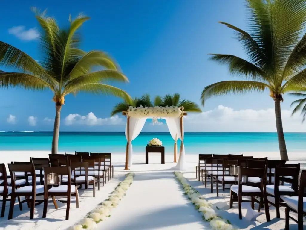 Boda romántica en paraíso playero Ceremonia mágica: playa paradisíaca, aguas turquesas, arena blanca, palmeras, gazebo decorado, atardecer vibrante, amor eterno