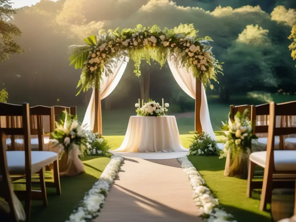 Boda al aire libre en bosque encantado Ceremonia de boda al aire libre: Tradiciones mágicas, bosque, arco de madera decorado con flores, novios intercambiando votos, invitados cautivados