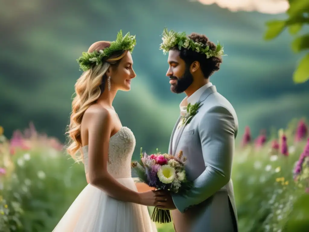 Boda mágica en la naturaleza Ceremonia mágica al aire libre: Enamorados intercambian votos bajo un arco de ramas y flores, rodeados de exuberante naturaleza y una cascada oculta