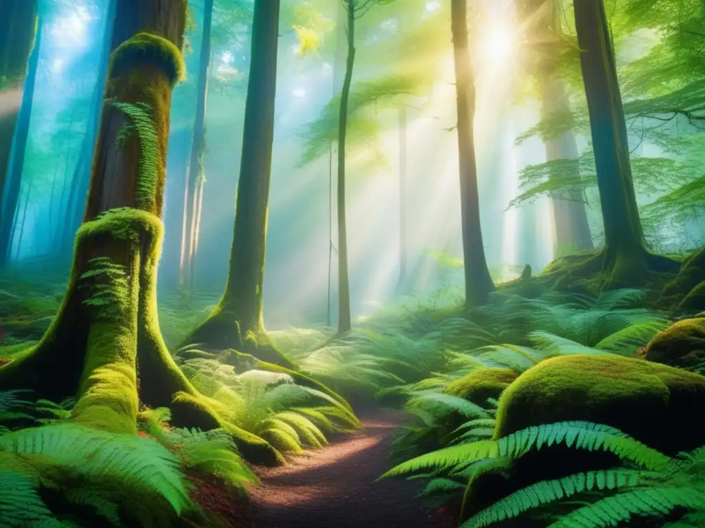 Bosque ancestral: majestuosidad y misterio Bosque antiguo con árboles majestuosos, musgo vibrante, cascada y técnicas nativas de pesca y caza en camping