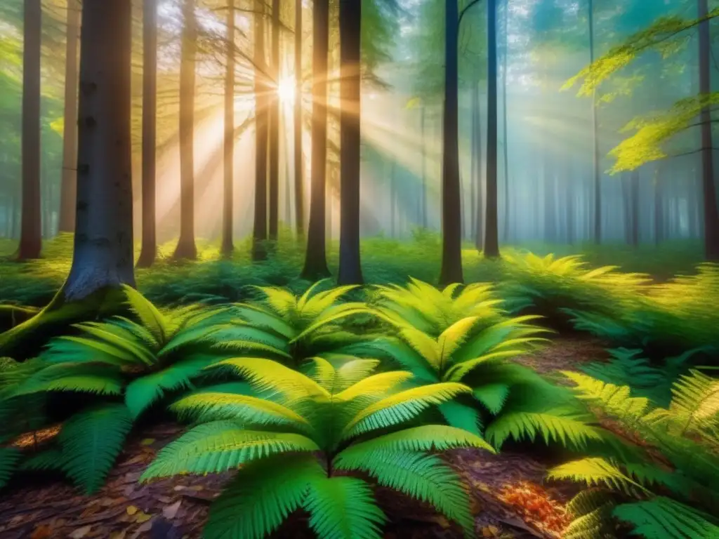 Bosque misterioso bañado en luz dorada Importancia de la reforestación en senderismo y camping
