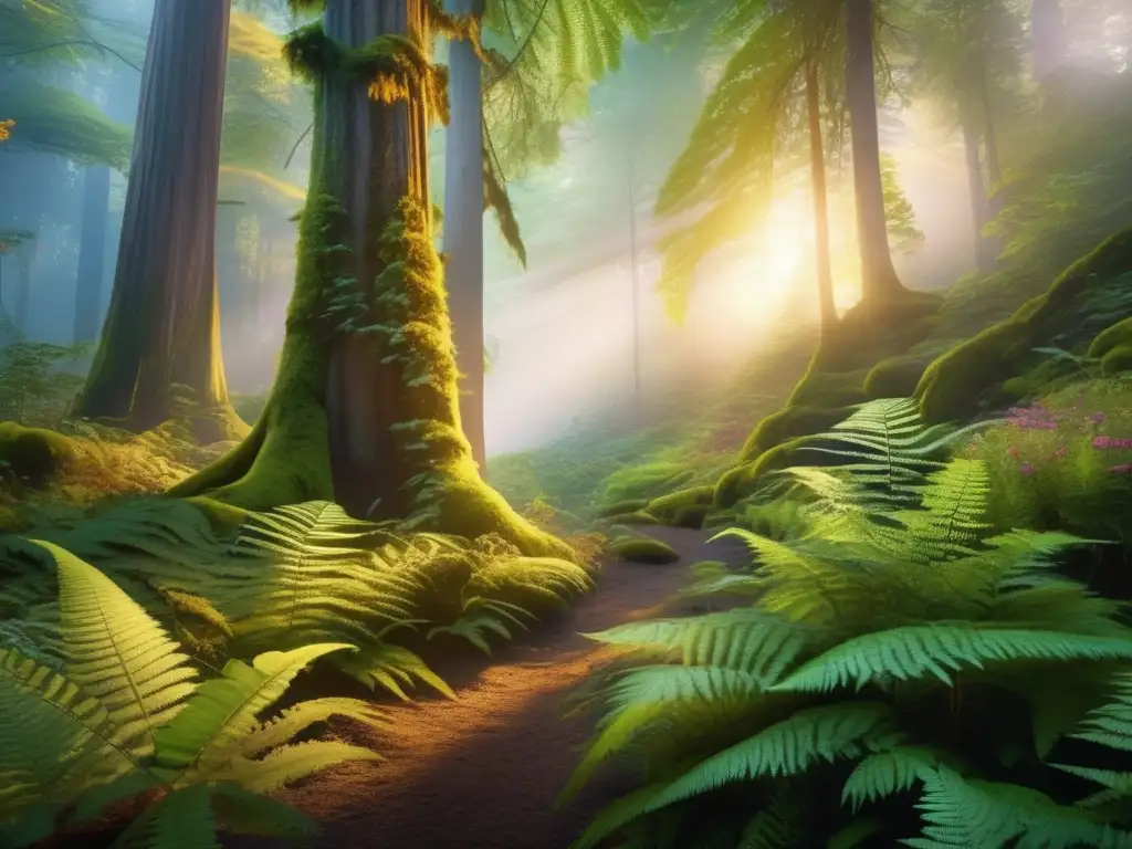 Bosque sereno iluminado por el sol al atardecer Vínculo espiritual con la naturaleza en acampada ancestral