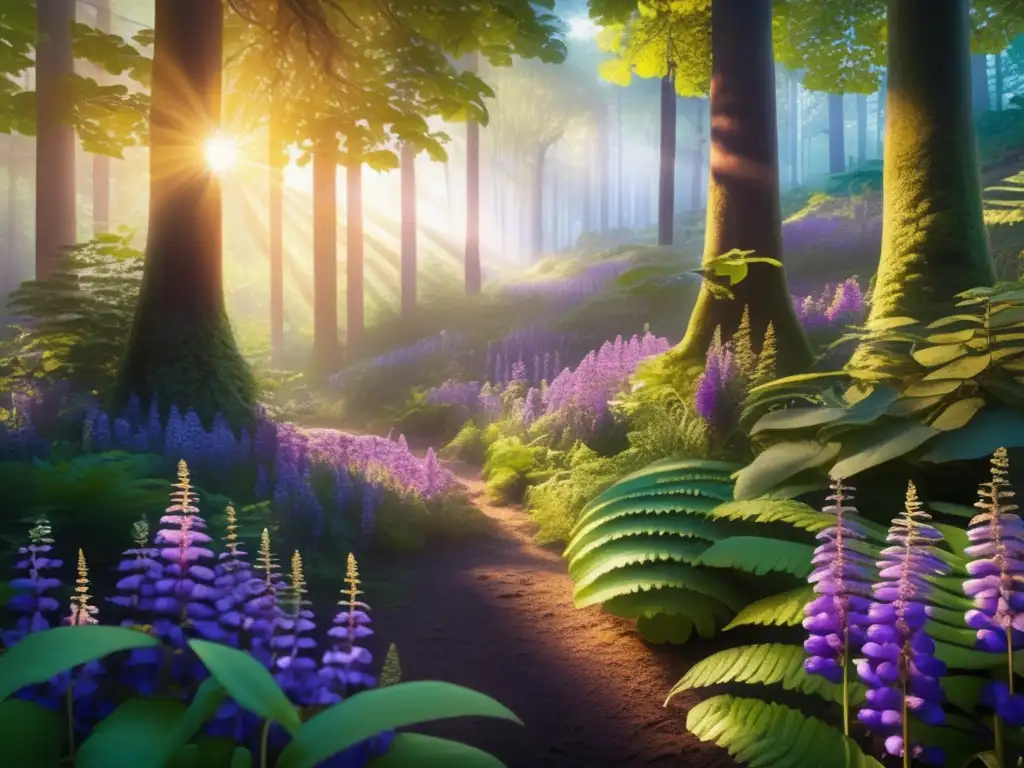 Bosque exuberante con plantas comestibles vibrantes Senderismo entre plantas comestibles: bosque vibrante con flora diversa y sendero misterioso