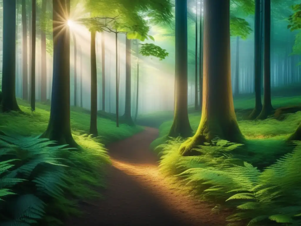 Bosque sereno al atardecer Impacto del camping en la naturaleza: Bosque sereno y misterioso al atardecer con árboles altos, hojas verdes y sendero invitante