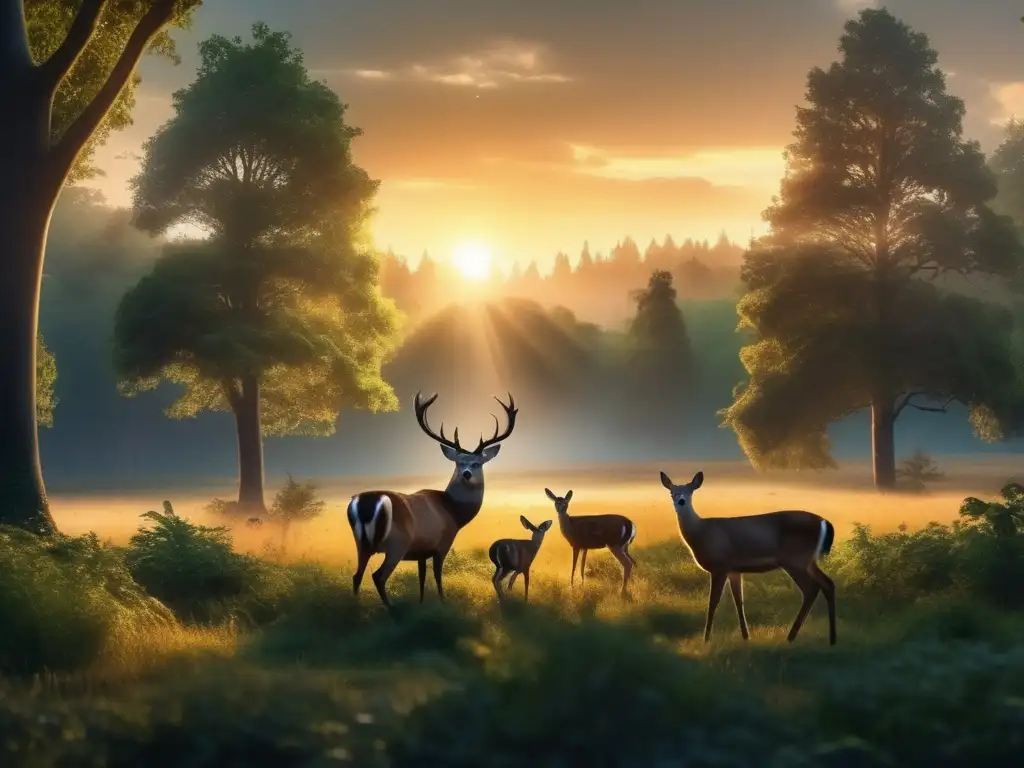 Bosque misterioso al atardecer con abundante vegetación Imagen impresionante de bosque exuberante al atardecer