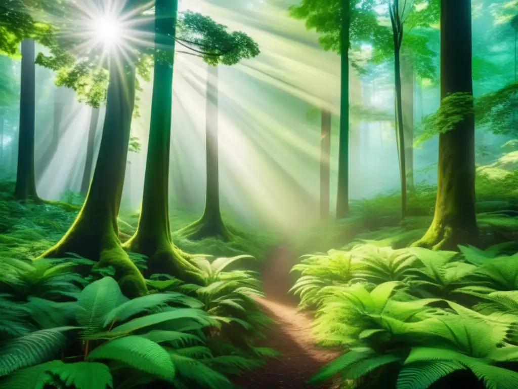 Impacto del turismo en la naturaleza: Bosque exuberante con árboles altos, luz filtrada y sendero invitador