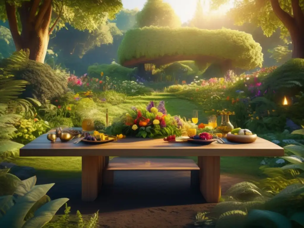 Bosque encantador con mesa de plantas comestibles Mesa de plantas comestibles en bosque encantado: recetas, senderismo