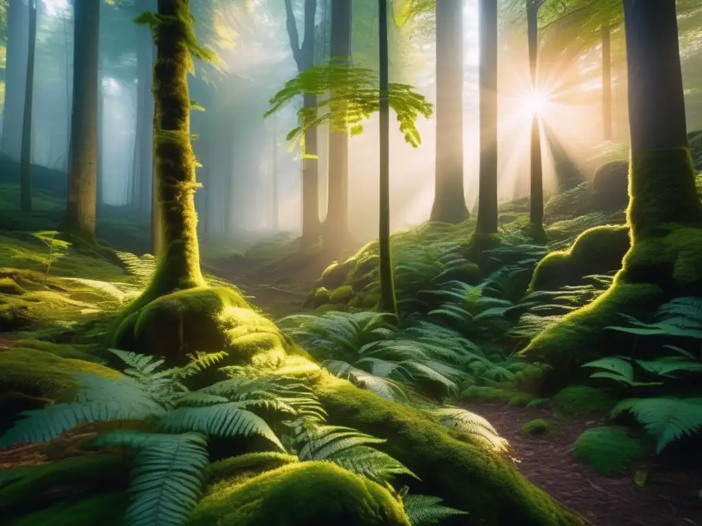 Bosque mágico al atardecer Importancia de la reforestación en senderismo y camping: Bosque misterioso y sereno con rayos de luz y sendero