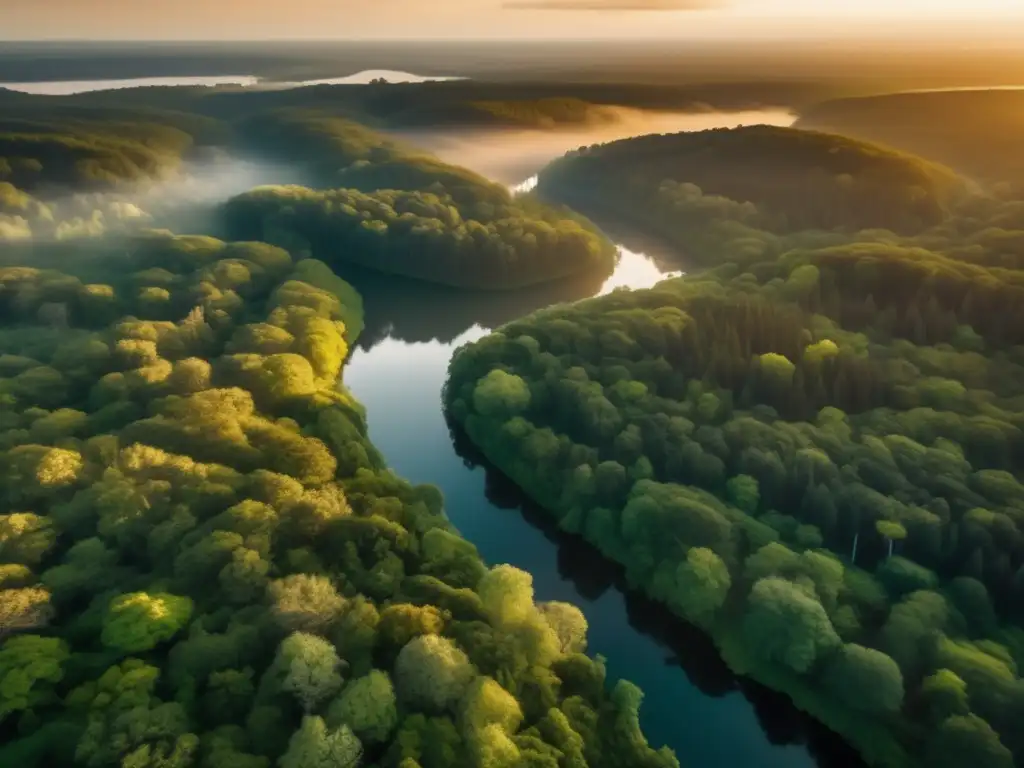 Bosque denso iluminado al atardecer Senderismo en la naturaleza: Vista aérea de un denso bosque al atardecer, con río y colores vibrantes