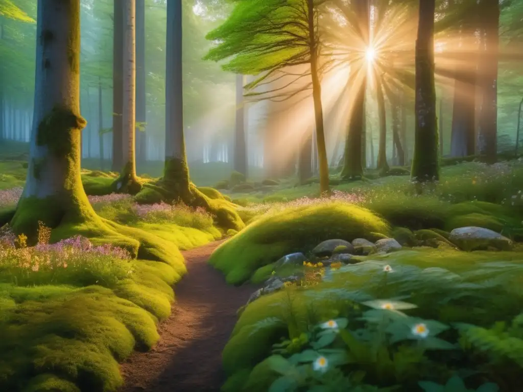 Bosque sereno al atardecer con campamento Vínculo espiritual naturaleza acampada ancestral en un increíble paisaje forestal al atardecer