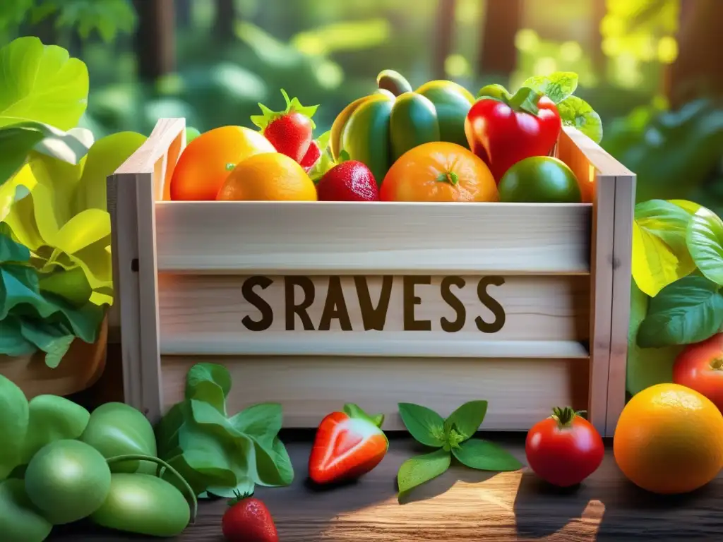 Caja de frutas y verduras en un bosque frondoso Trucos para conservar frutas y verduras en la naturaleza