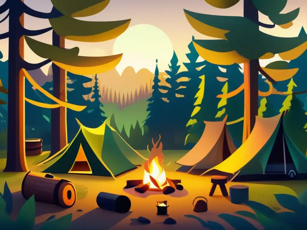 Bosque misterioso al atardecer con campamento Campismo y fauna: Bosque encantado al atardecer, campamento entre árboles, vida silvestre cautelosa