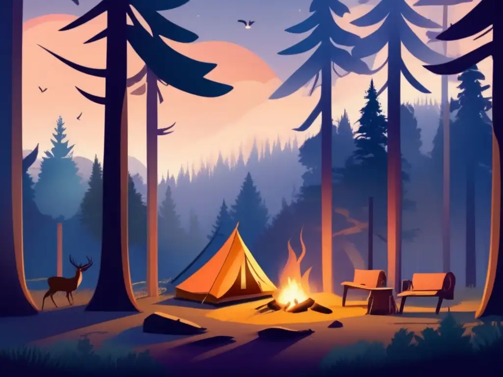 Bosque misterioso al anochecer con campamento Bosque denso al atardecer con árboles altos y sombras largas