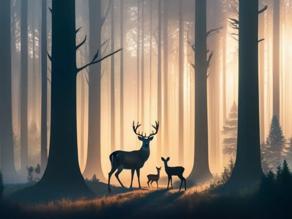 Bosque misterioso al atardecer, con ciervos cautelosos Campismo responsable preservación fauna local en un bosque denso al atardecer, con árboles altos proyectando sombras largas en el suelo