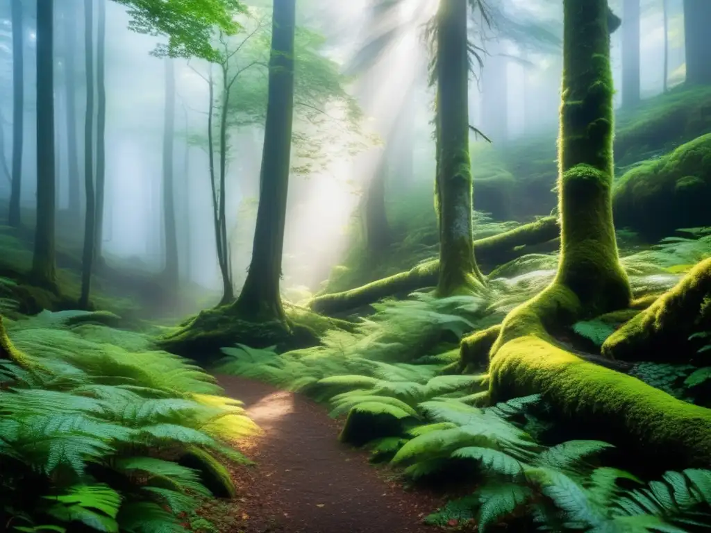 Bosque misterioso y tranquilo Senderismo ético: densa neblina envuelve bosque misterioso, invitando explorar sin dejar rastro