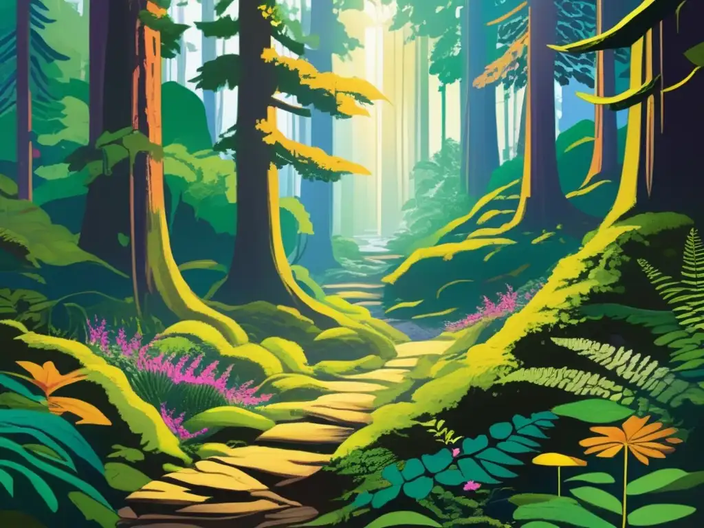 Bosque vibrante y denso, lleno de vida Lenguaje oculto de naturaleza y senderismo en un vibrante y denso bosque con árboles majestuosos, luz dorada y arroyo cristalino