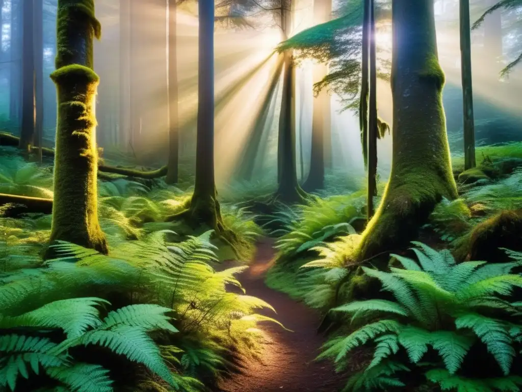 Bosque místico y sereno al atardecer Vínculo espiritual naturaleza acampada ancestral, bosque místico y sereno con árboles, cielo estrellado y fauna salvaje