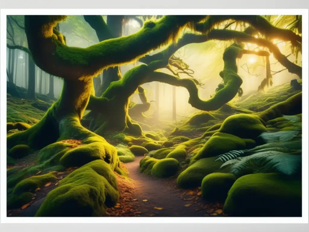 Bosque místico al atardecer: árboles imponentes y sendero de misterio Senderismo místico y acampada en la naturaleza