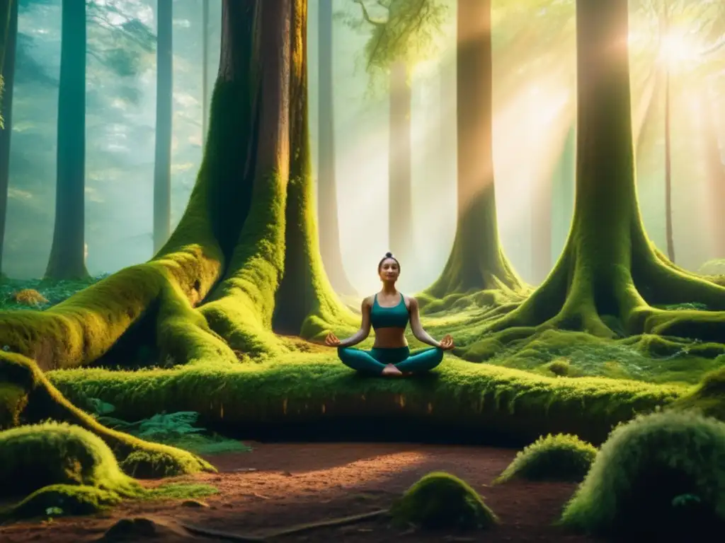 Claro del bosque: yoga y naturaleza Beneficios del yoga y la meditación en la naturaleza: figura en equilibrio rodeada de flores y bosque místico