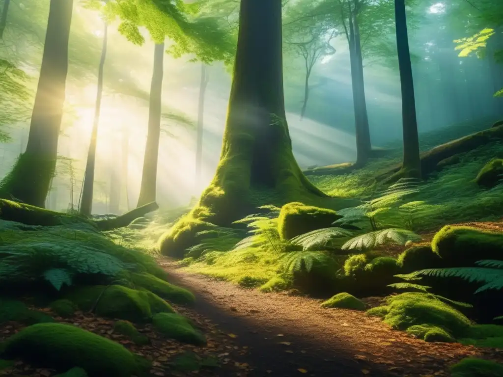 Bosque sereno con árboles altos y sendero Senderismo ético: bosque sereno de árboles altos, follaje denso y sendero invitador