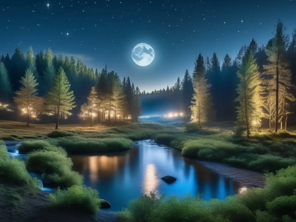 Bosque nocturno iluminado por la luna Fotografía nocturna de paisaje natural con encanto místico