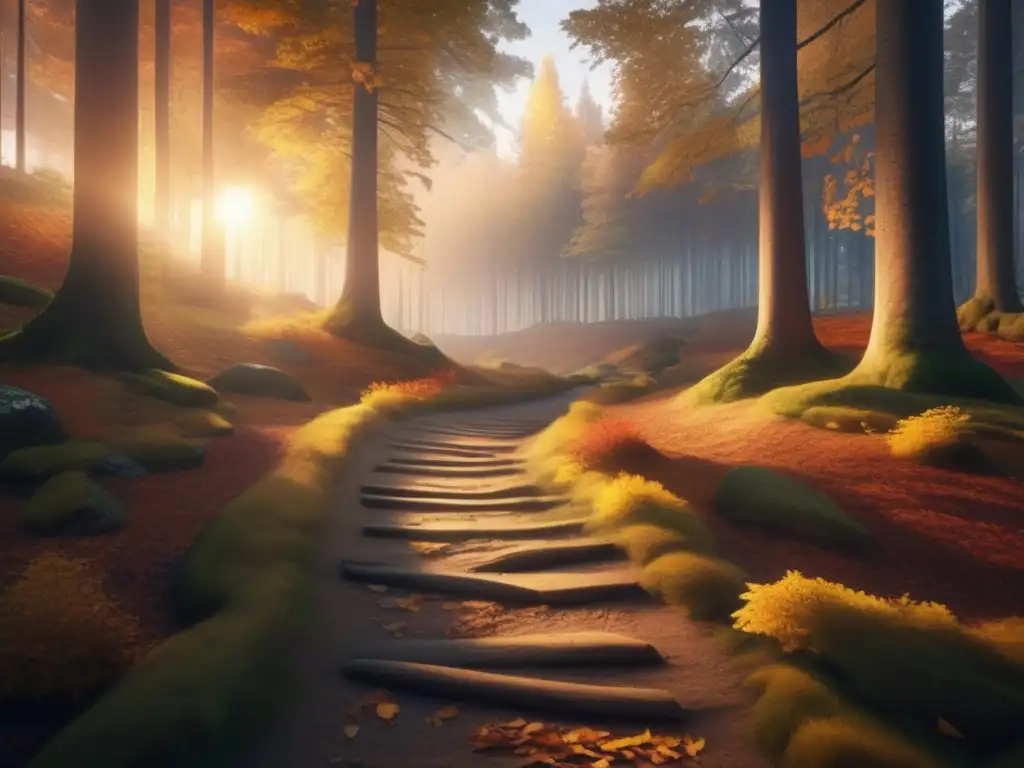 Bosque sereno al atardecer, sendero misterioso Senderismo misterioso en bosque encantado con lenguaje oculto de la naturaleza