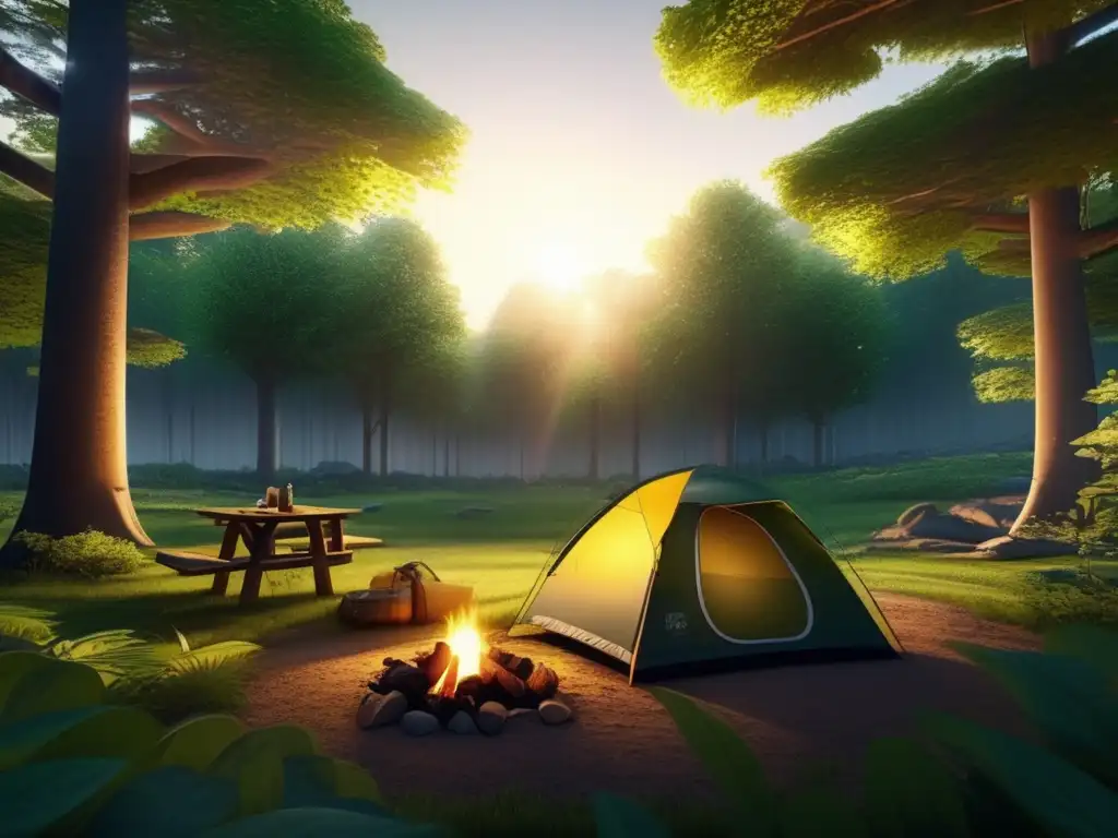 Bosque sereno con campamento tecnológico Campamento en bosque: conexión con la naturaleza, tranquilidad, exploración