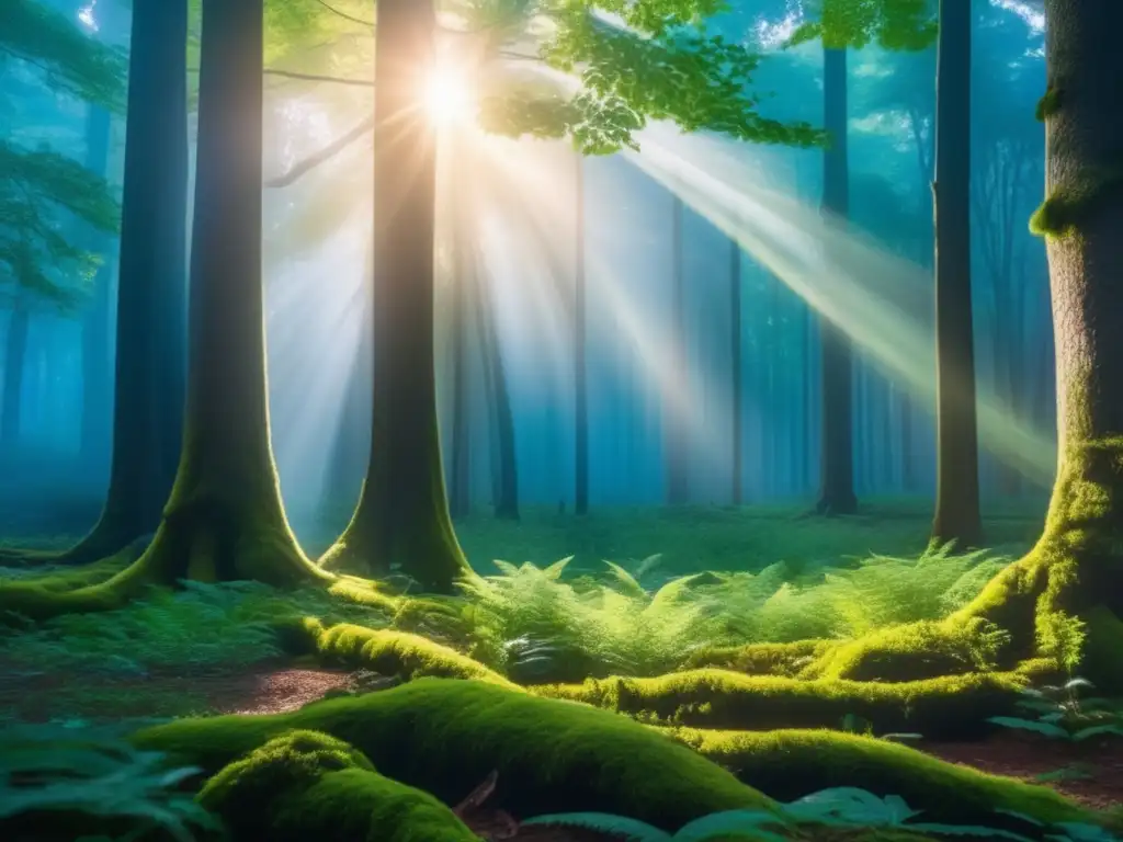 Bosque sereno iluminado por el atardecer Acampada sostenible en áreas protegidas: Bosque sereno al atardecer, con árboles altos y follaje verde, creando una mágica y misteriosa atmósfera