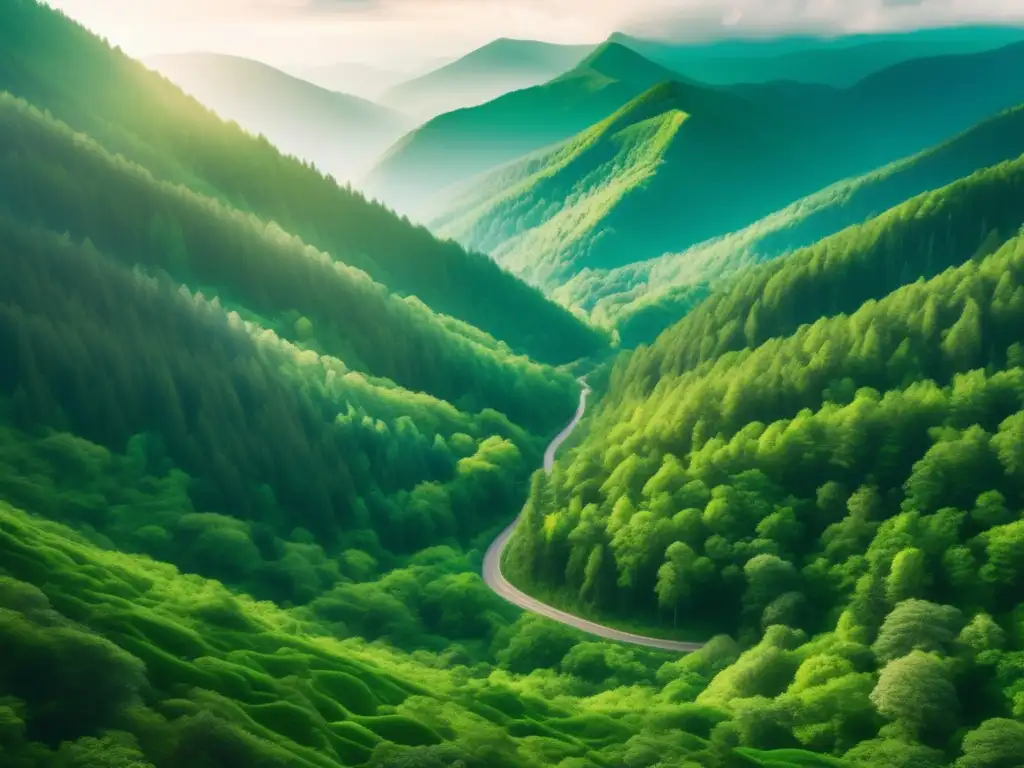 Majestuoso bosque verde entre montañas Vista aérea impresionante de un bosque verde exuberante entre montañas - Beneficios del senderismo para el medio ambiente