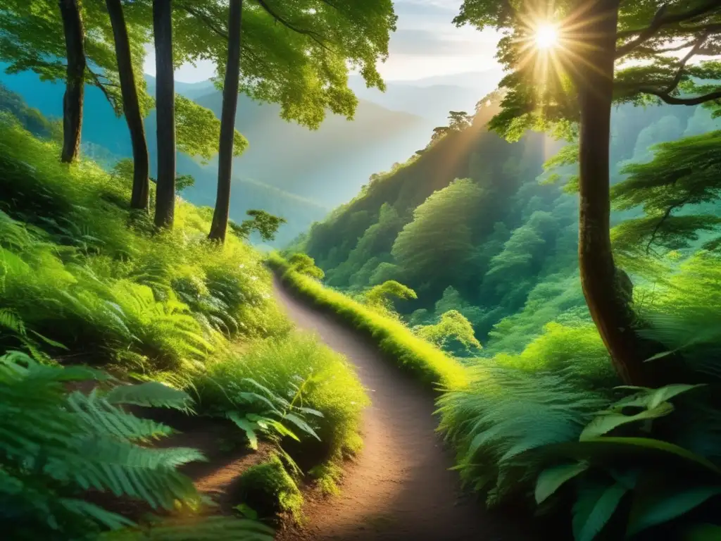 Sendero misterioso en el bosque Un sendero de montaña serpenteante rodeado de exuberante vegetación