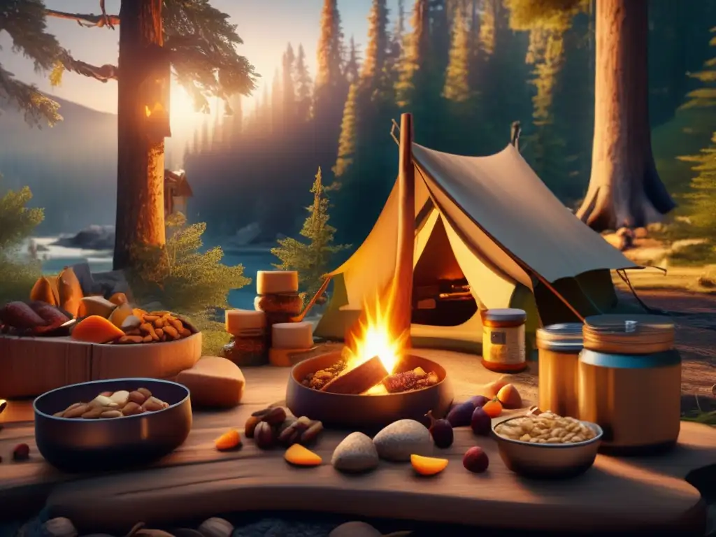 Campamento en bosque, comida y tienda Campamento encantador en bosque denso