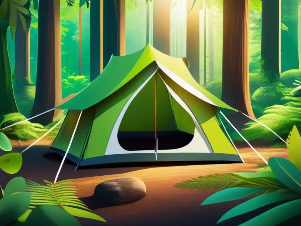 Campamento eco amigable en bosque denso Impacto del camping en la naturaleza: Campamento ecológico en bosque, con tienda, flora vibrante y arroyo cristalino