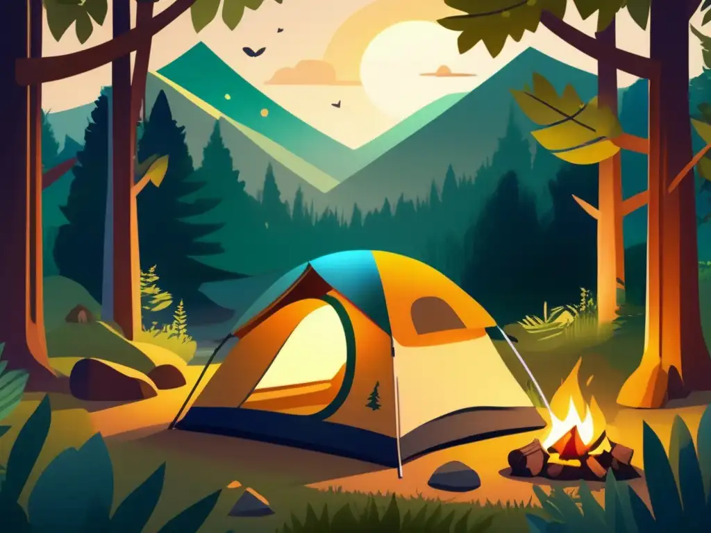 Consejos camping ecofriendly: campamento sereno rodeado de naturaleza, con tienda ecológica en medio de vegetación exuberante y árboles altos
