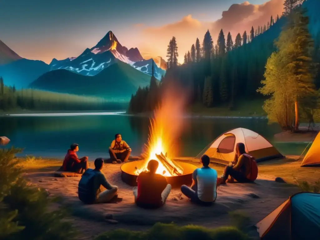 Acampamento lleno de vida y naturaleza Importancia educación ambiental áreas acampada: imagen 8k detallada, camping vibrante con niños alrededor de una fogata, montañas misteriosas