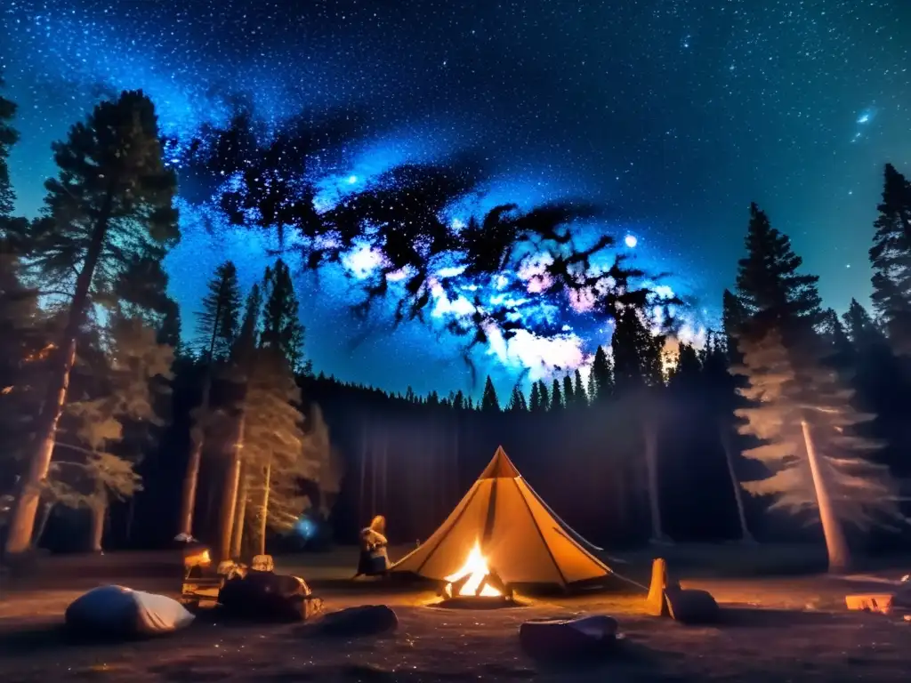 Noche estrellada en campamento sereno Zonas de acampada para observación astronómica: Majestuosa imagen nocturna de cielo estrellado, campamento y fascinantes fenómenos celestiales