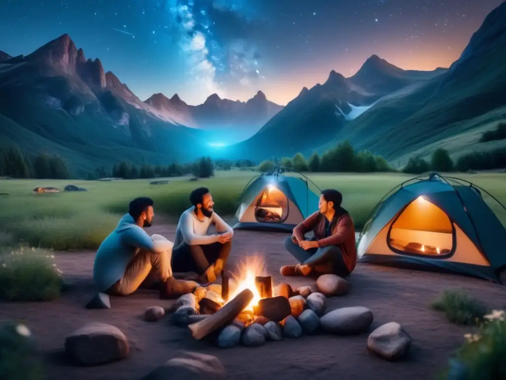 Campamento estrellado en el valle Campamento astronómico en valle con montañas y cielo estrellado