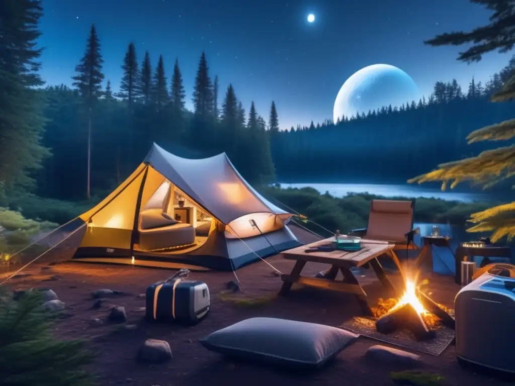 Campamento moderno en bosque iluminado Campamento nocturno en un bosque denso con accesorios modernos, historia de los accesorios de acampada