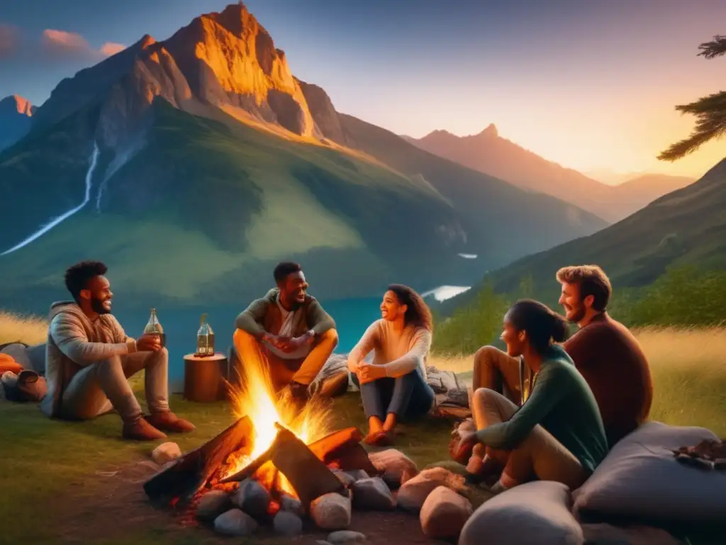 Campamento pintoresco en la naturaleza con amigos disfrutando de sopas deshidratadas para acampadas saludables