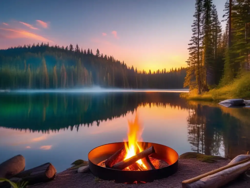 Campamento sereno junto al lago en el bosque Campamento junto al lago: Beneficios emocionales de entornos naturales