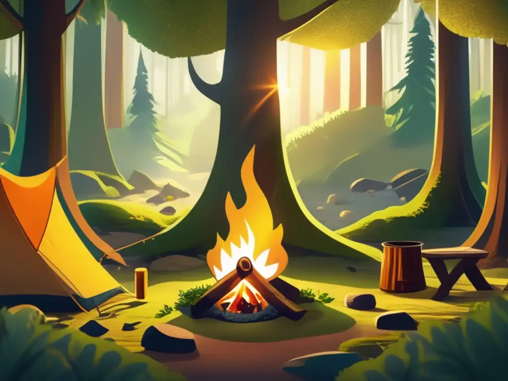 Campamento misterioso en el bosque Beneficios del campismo para concentración: Campamento misterioso en el bosque con luz dorada y persona en meditación