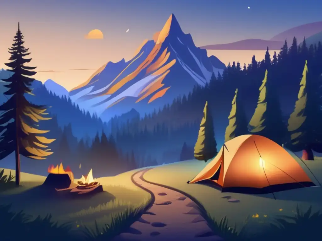 Paisaje montañoso sereno al atardecer Impacto ambiental del turismo de senderismo y camping en una serena y misteriosa imagen de montañas al atardecer con exuberante vegetación verde