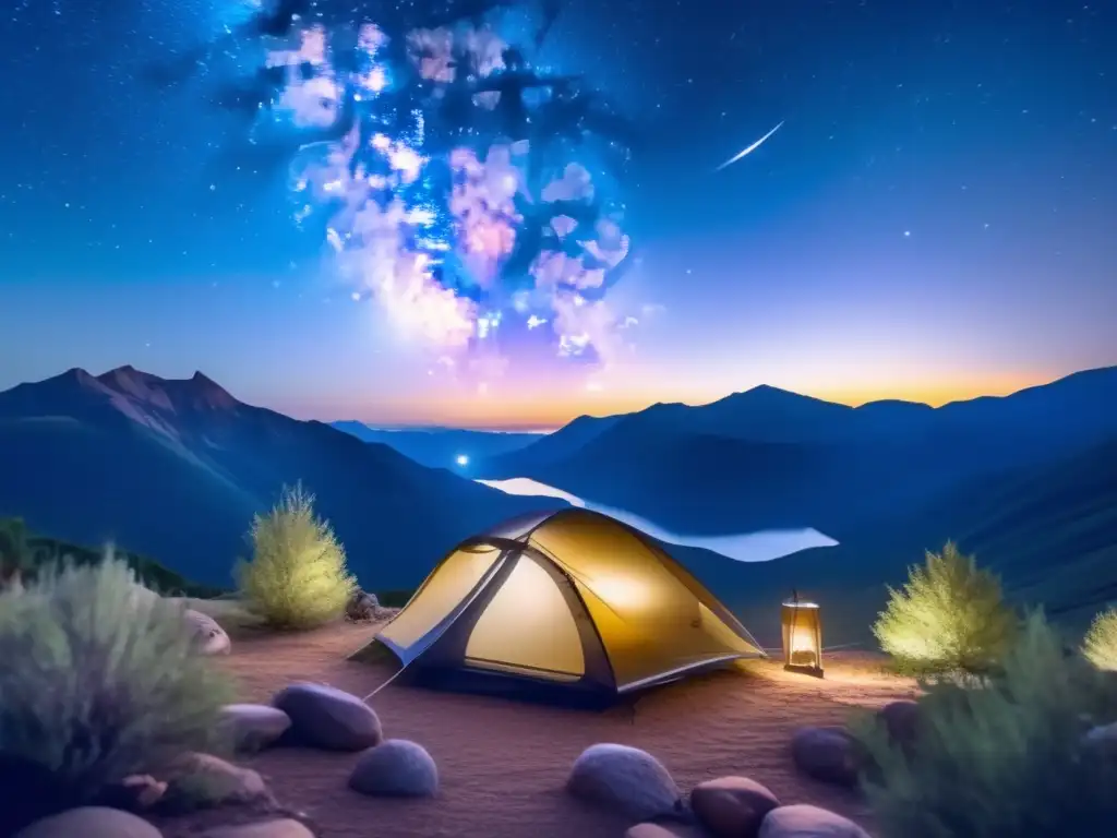 Campamento nocturno bajo las estrellas Zona de acampada astronómica: noche estrellada, montañas, río, naturaleza y paz