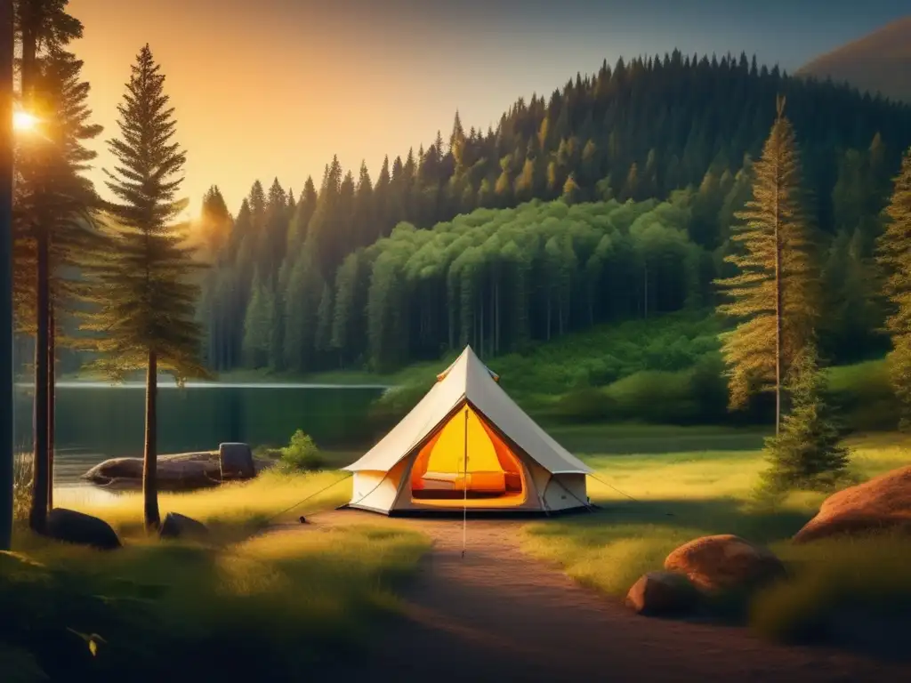 Campamento sereno en el bosque Campamento tranquilo rodeado de árboles verdes, tienda moderna y equipo de camping bien cuidado