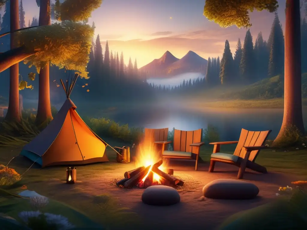 Campamento sereno en bosque frondoso Impacto del camping en la naturaleza: campamento sereno rodeado de bosque exuberante, con fogata, flora vibrante y sendero invitador