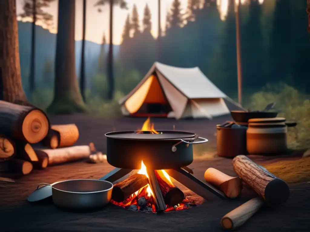 Campamento tranquilo en el bosque con fogata Campamento en bosque con cocina rustica y recetas de camping con alimentos no perecederos
