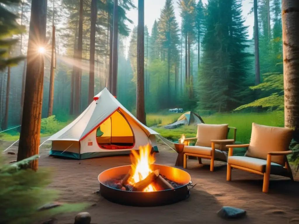 Camping sostenible en un entorno protegido Acampada sostenible en áreas protegidas: campamento sereno en bosque, tienda espaciosa, fuego controlado, gestión de residuos responsable